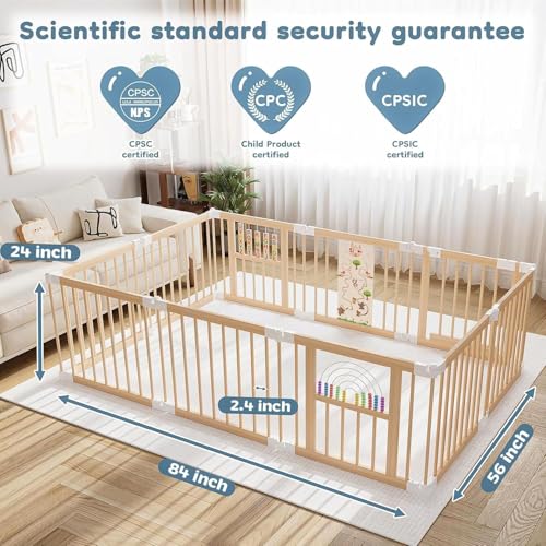 Ulnxiy Wooden Baby Playpen with Montessori Toys, 10-Panel Foldable Wood Play Yard for Toddlers, 84"x56" Large Baby Fence with Safety Lock, CPC Certified Natural Pine Wood Activity Center