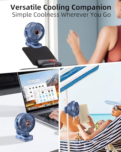 buywoo Portable Mini Personal Fan, Small Rechargeable Battery Powered Stroller Fan for Desk, Strong Clamp Grip, 360° Rotation, 3-Speed, LED Display, Clip On Cooler for Bed, Golf Cart, Office, Blue