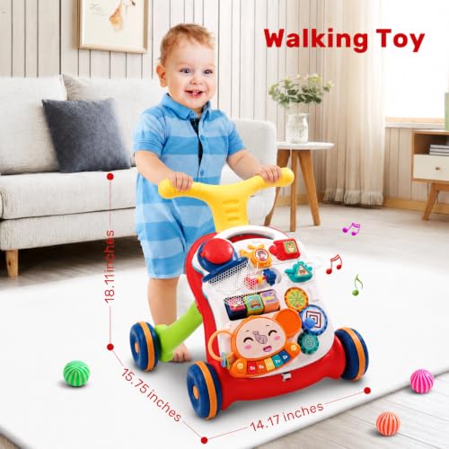 CUTE STONE Sit to Stand Learning Walker, 2 in 1 Baby Push Walker, Early Educational Child Activity Center, Multifunctional Removable Play Panel, Baby Music Learning Toy Gift for Infant Boys Girls