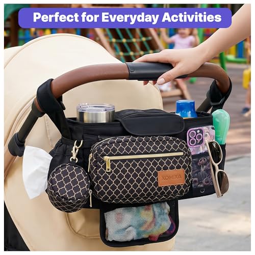 XOMIXA Stroller Organizer with Cup Holders – 9-in-1 Universal Baby Stroller Caddy with Large Pockets, Detachable Pouch & Pacifier Bag, Hooks & Adjustable Reflective Straps, Fits Most Strollers.