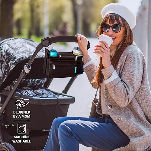 Swanoo Stroller Caddy Organizer With Cup Holder, Non Slip Straps Bag for Phone, Pet Stroller Accessories, Universal Fits Uppababby Vista v2 Wonderfold Wagon, Doona and More
