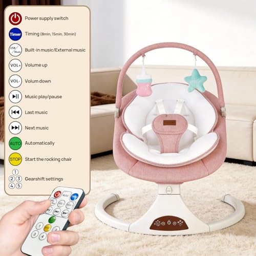 Baby Swings for Infants, Portable Stationary Infant Swing with 5-Speed Settings, Bluetooth Music & Timer, Suitable for Newborns up to 9 Months (Pink)