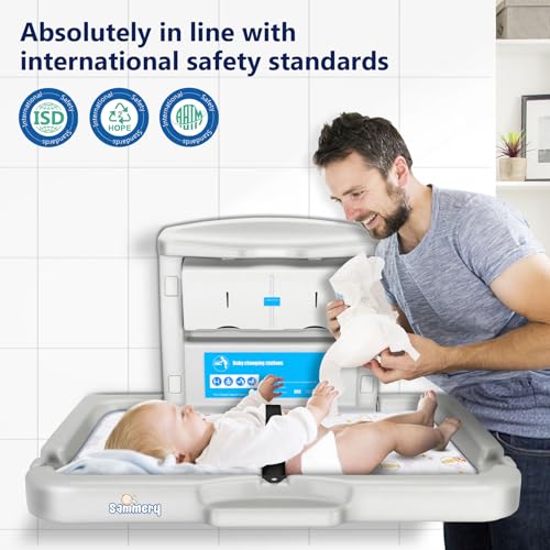 Commercial Baby Changing Station Wall Mounted – Heavy Duty Foldable Wall Mounted Changing Table with Safety Strap, Easy to Clean for Home/Public Restroom (Hardware Included)