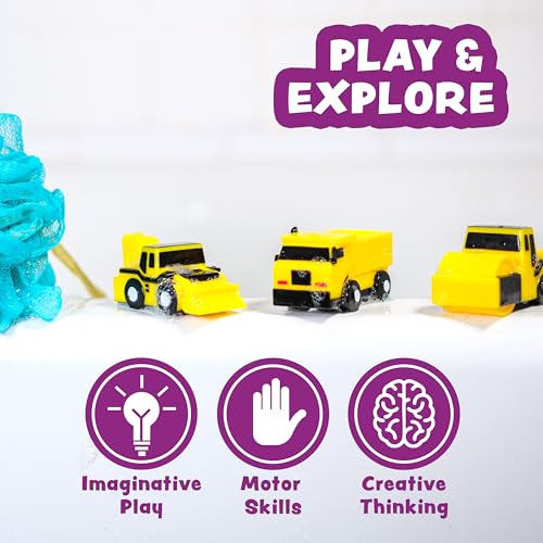 Tub Works® Construction™ Trucks Mold Free Bath Toys, 6 Pack | Sealed, No Hole Bath Toys Design Keeps Moisture Out | Soft, Squeezable & Float on Water | Baby & Toddler Bathtub Toys | Baby Pool Play