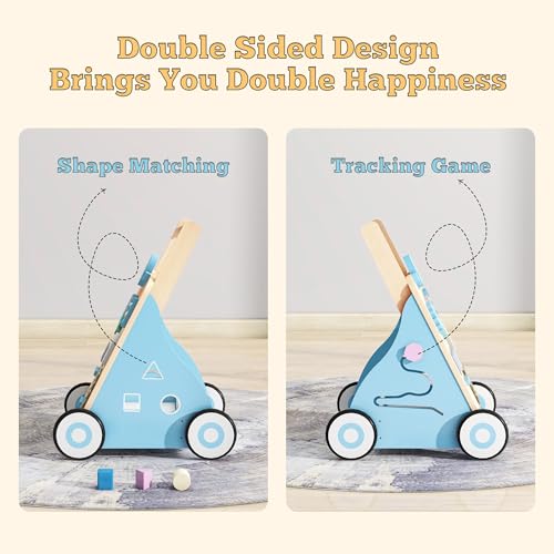 Tltaroni Baby Walker with Activity Center, Wooden Walker Toddler Push Walker Adjustable Height and Speed Montessori Walker Toy for Boys Girls Ages 9+ Months, Blue