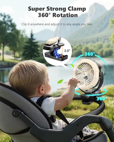Ausic Portable Clip on Misting Fan, [5-45Hrs] Golf Cart Spray Fan, 720° Rotate Baby Stroller Fan, Outdoor Camping Fan with LED, Rechargeable Battery Operated RV Travel Cruise Fan, Golf Accessories
