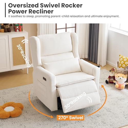 RUTOX Power Recliner Chair Swivel Glider with Adjustable Headrest，Oversized Swivel Rocker Recliner with Lumbar Support, Upholstered Nursery Glider Recliner for Living Room,White