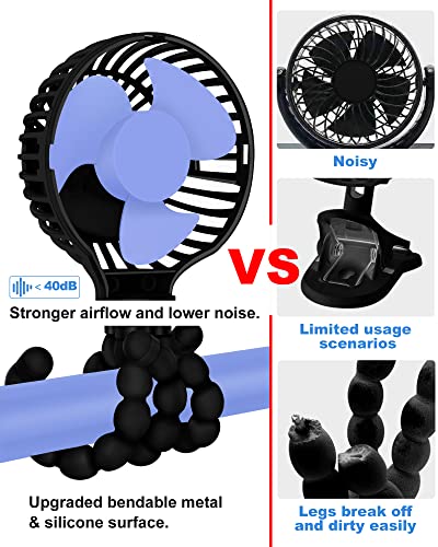 TRELC Mini Stroller Fan, 19H Battery Life, Personal Handheld Clip on Portable Rechargeable Fan with Flexible Tripod, Gift for Children Baby Car Travel BBQ Gym (Black, 4000mAh)