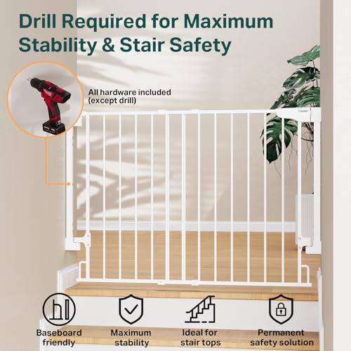 Cumbor 29.2–43" Baby Gate for Stairs, Hardware Mounted (Drill Required), Expandable No Bottom Bar Dog Gate, Auto Close Extra Wide Walk Thru, Pet & Toddler Proof Gate, Top & Bottom of Stairways (White)