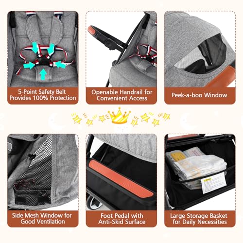HONEY JOY Travel Stroller, One-Hand Quick Fold Lightweight Umbrella Stroller for Airplane, Wrist Wrap & Net, Multi-Position Recline, Overhead Friendly Compact Stroller for Newborn and Toddler(Gray)