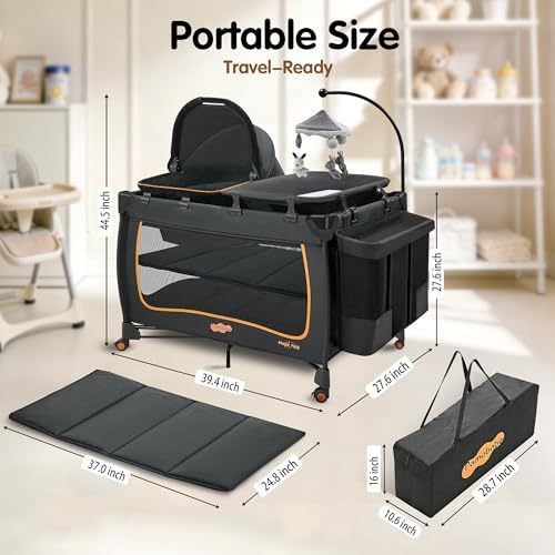 Pamo Babe 6 in 1 Baby Pack and Play with Bassinet - One-Step Setup Travel Crib, Small Portable Playpen for Babies, Portable Baby Bassinet, Changing Table, Toys Bar & Extra Large Storage Bag
