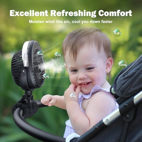 Baby Stroller Fan, Misting Fan Portable, Baby Boy Newborn Essentials Must Haves, Mist Cooling Spray Fans for Car Seat 4000mah Rechargeable, Camping Travel Beach Disney World Essentials Registry Gift