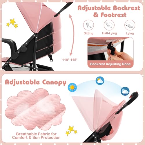 HONEY JOY Lightweight Stroller, Compact Travel Stroller for Airplane, Toddler Fold Pushchair w/Adjustable Canopy & Backrest, Storage Basket, Umbrella Stroller for Infants (Pink)