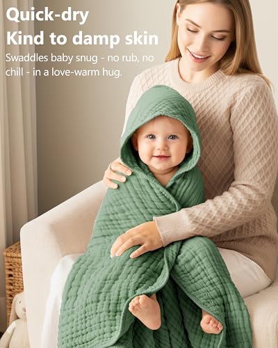 FIEMOL Baby Bath Towels, 100% Muslin Cotton Hooded Baby Towels for Newborn, 2 Pack Baby Towels with Hood for Infant Toddler and Kids, Large 32x32Inch Unisex Bath Essentials, Soft and Absorbent