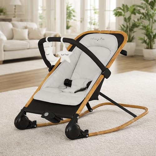 Dream On Me Rock On Me 2-in-1 Baby Rocker and Stationary Seat, Adjustable Recline, Gentle Music & Vibration, 3-Point Safety Harness, Detachable Toy Bar, Folds Compact for Travel – Black & Grey