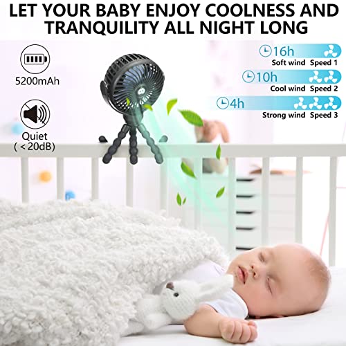 snawowo Mini Portable Baby stroller Fan, Battery Operated Personal Small Handheld Fan, 360° Rotate Flexible Tripod Rechargeable Clip On for Car Seat Crib Bike Treadmill Travel Camping Black