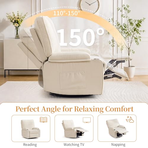Korser Recliner Chair, Nursery Rocking Chairs for Adults, 360° Swivel Rocker Recliner with Cup Holder, Overstuffed Glider Rocking Chair for Living Room, Manual Recliner with Side Pockets, Chenille