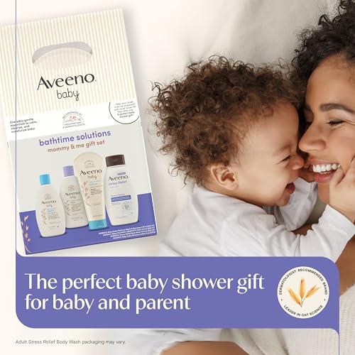Aveeno Baby Bathtime Solutions Mommy & Me Gift Set, Baby Wash & Shampoo, Calming Bath, Daily Moisturizing Lotion and Stress Relief Body Wash for Mom, Colloidal Oat, Baby Bath Essentials, 4 items