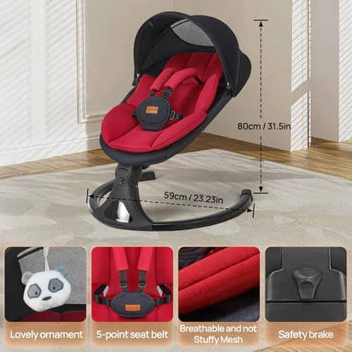 Baby Swings for Infants, Portable Baby Swing for Newborns with Bluetooth, Electric Infant Swing with 5 Speed Motions, 12 Melodies & Remote Control (Max 20 lbs, Red)