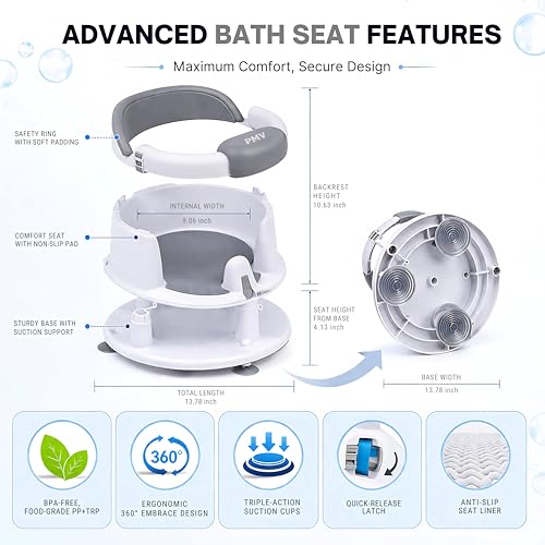 PMV Baby Bath Seat for Sitting Babies, Non-Slip Baby Bath Chair with 3 Suction Cups, Safe & Comfortable Toddler Bath Support Seat for Bath/Shower Use, Stable Design, Gray (6–24 Months) (Gray)
