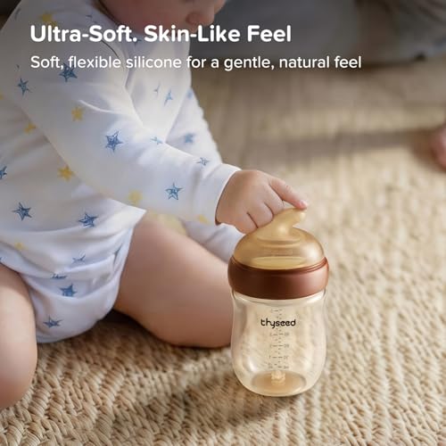 Thyseed Anti-Colic Glass Baby Bottle for Breastfed Infants, Natural Feeding, Breast-Like Newborn Slow Flow Nipple (1m+), 5 oz, 2 Pack