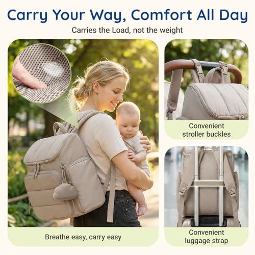 mommore Diaper Bag Backpack, Baby Bag with Waterproof Changing Pad and Stroller Straps for Toddler, Diaper Backpack for Mom Dads with Insulated Pockets & Pacifier Case, Baby Essential, Brown