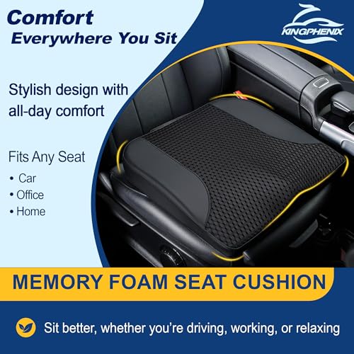 kingphenix Car Seat Cushion – Memory Foam Pad for Driving Comfort – Boosts Height and Relieves Coccyx & Lower Back Pain – Car, Truck, Office Chair (Leather & 4D Mesh Black)