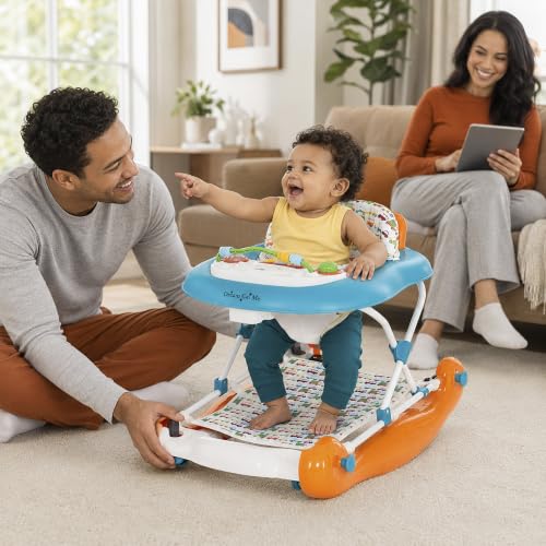 Dream On Me Go-Getter Baby Walker with Rear Push Handle, 2-in-1 Activity Walker and Walk-Behind, 3 Height Adjustments, Easy to Fold, Machine-Washable Seat Pad, Detachable Fun Tray, Orange