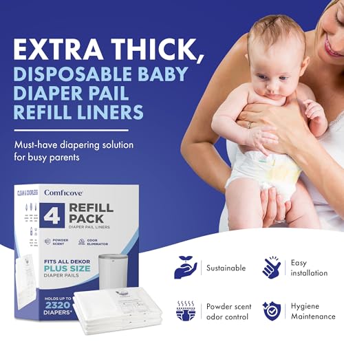 COMFICOVE Refills Compatible with DEKOR PLUS Diaper Pails | 4 Pack | Extra Thick Diaper Pail Refill Liners | Fresh Scent | Easy to Replace and Dispose of Diaper Bag | Odorless Baby Diapers Disposal