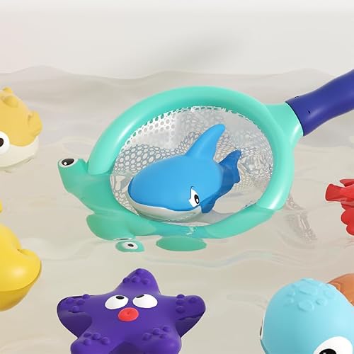 XAWACAH Bath Toy for Toddlers 6-12-18 Months, No-Hole Bathtub Toys with Baby Bath Animals, Wind-Up Turtles, Fishing Net & Storage Bag, Floating Toys for Toddlers 1-3 Year Old Boys Girls (11 Pack)