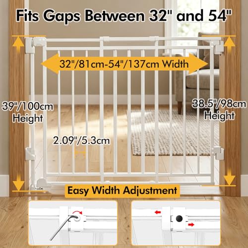 Baby Gate for Stairs Doorways & Kitchen, Extra Wide 32"-54" W x39 H Extra Tall, No Bottom Bar Dog Gate, One-Handed Auto-Close, Hardware Mount Safety Gate for Dogs & Toddlers, White