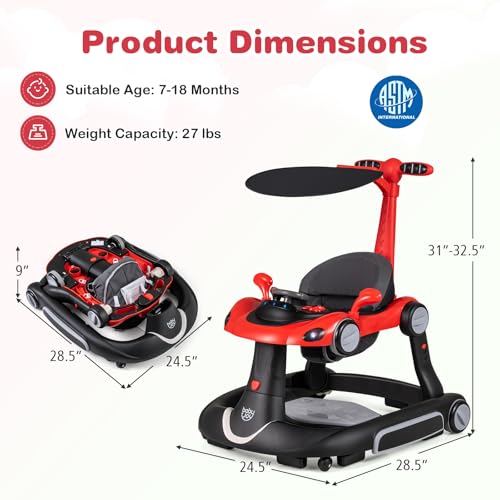 BABY JOY 7-in-1 Baby Walker, Foldable Baby Walker and Bouncer Combo with Handle, Adjustable Height & Speed, Music, Lights, Rocker/Push Mode, Baby Walker with Wheels for Boys Girls 7-18 Months (Red)