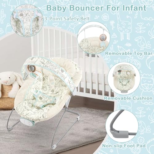 Otrolepota Baby Bouncer, Infants Bouncy Seat with Music and Vibrations,Portable Baby Rocker with Hanging Grasping Planet & Mirror for Newborns Indoor Outdoor Use 0-6 Months Up to 20 lbs