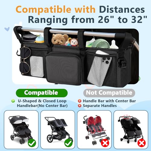 Double Stroller Organizer for Bob Duallie and Baby Jogger City Mini GT2, Double Baby Stroller Accessories with 2 Cooler Pockets, Parent Console Double Jogging Stroller Caddy with Zipper Bag(Bag Only)