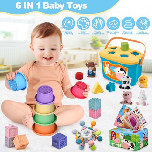 Baby Toys 6-12 Months, 6 in 1 Montessori Toys for 1 Year Old, Soft Infant Sensory Teething Toy, Stacking Cups & Blocks, Shape Sorter Blocks, Finger Puppets, Tissue Box Toy for Toddler 0-3-6-9-12 M+
