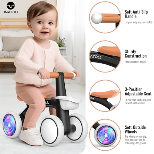Umatoll Colorful Lighting Baby Balance Bike Toys for 1 Year Old Boys Gifts, Adjustable Seat Baby Walker, One Year Old Boy Birthday Gifts, 12-24 Months Toddler First Ride on Toys
