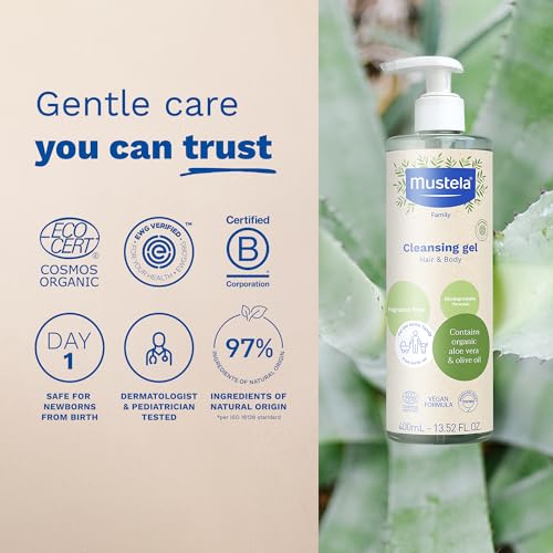 Mustela Certified Organic Cleansing Gel - Natural Hair & Body Wash with Olive Oil & Aloe Vera - For Baby, Kid & Adult - Fragrance Free, Vegan & Biodegradable - 13.52 fl. oz.