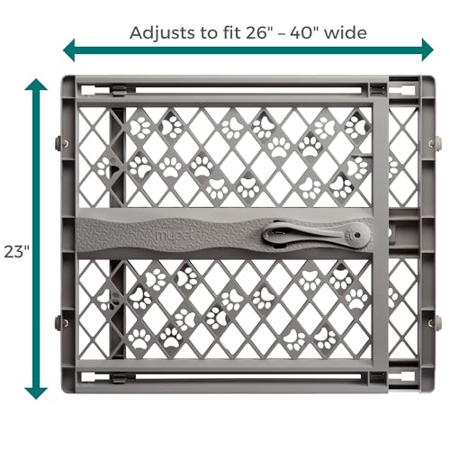 MYPET Paws Portable Pet Gate: 26-40" Wide Expandable, Pressure Mounted No Tools Needed, Durable Dog Gate for Doorways, Made in USA, 23" Tall, Fieldstone Gray