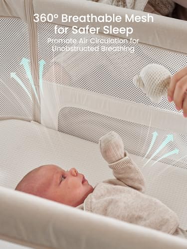GROWNSY 5-in-1 Baby Bassinet Bedside Sleeper with Gentle Rocking Mode, 6 Adjustable Heights, Full Breathable Mesh, Convertible to Portable Crib, Bassinets with Mattress & Wheels, Beige