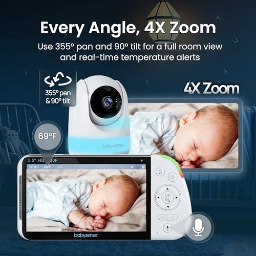 Babysense PRO Full HD 5.5" Split Screen Baby Monitor with 2 Cameras, 6-Color Night Light, White Noise, Sound & Light Machine, 20-Hour Battery, Hack-Proof Non-WiFi Secure Connection