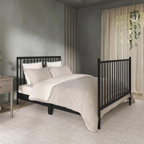 Dream On Me Synergy 5-in-1 Convertible Full-Size Baby Crib with Toddler, Day & Full Bed Conversion in Black, GreenGuard Gold & BSA, 3 Mattress Heights, Sustainable Pinewood