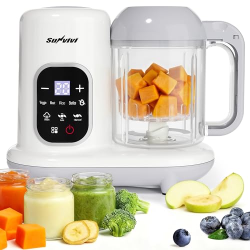 SUNVIVIPRO All-in-one Baby Food Maker: Baby Food Processor Blender Combo with Self Clean & LCD Display, Baby Food Puree Maker with Steam, Heating & Stirring, White Steamer Container Grinder