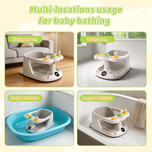 Baby Bath Seat for 8-18 Months, Non-Slip Toddler Bath Chair with Suction Cups & Temperature Display, Ergonomic Infant Bath Seat with Toy Tray, BPA-Free Baby Bath Tub Seat for Sitting Up