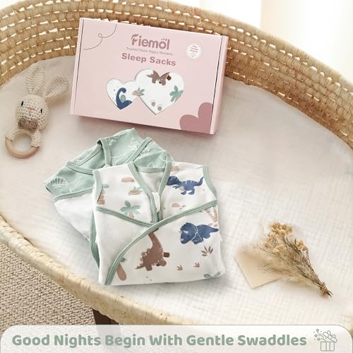 FIEMOL Baby Swaddle Sleep Sack 3-6 Months, Cotton Swaddles for Newborns Boys Girls, 2-Way Zipper Transitional Infant Wearable Swaddling Blanket with Quiet Closure, 0.5 TOG 2 Pack Soft Green Dinosaur
