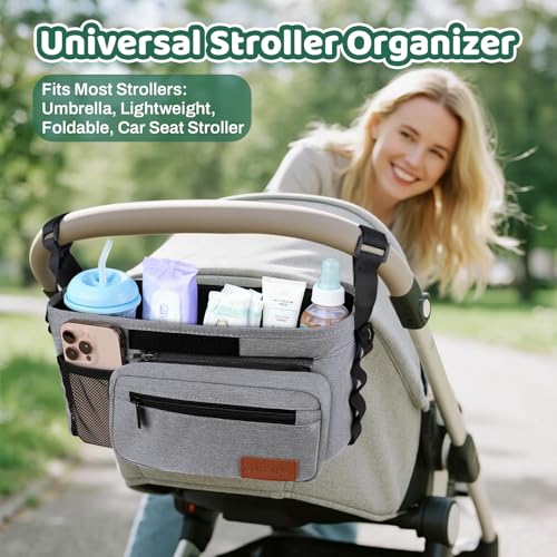 Guiseapue Universal Stroller Organizer with Cup Holder: Baby Essentials, Stroller Caddy with Shoulder Strap, Detachable Phone Bag, Stroller Accessories, New Moms Baby Gifts