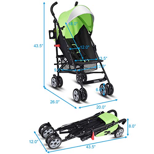 BABY JOY Lightweight & Compact Travel Stroller, Infant to Toddler, Adjustable Backrest & Canopy, Cup Holder, Storage Basket, 5-Point Harness, Easy Fold, Green