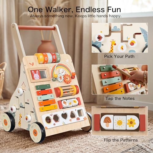 Wooden Baby Walker with Wheels, Baby Push Walker Activity Center for Babies 18 Months+, Montessori Walking Toy for Learning to Walk, Toddler 1st Birthday Gift