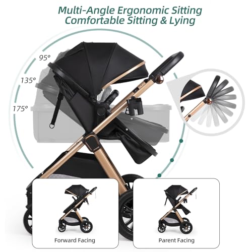 6-in-1 Convertible Baby Stroller with Bassinet Pushchair - Folding Infant Newborn Stroller w/Footmuff, Rain Cover, Cup Holder & Large Storage, Toddler w/All-Scene Large Wheels, Reversible Seat(Black)
