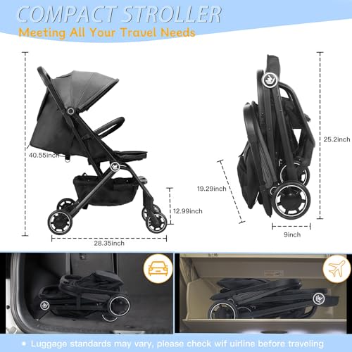 Rollingsurfer Lightweight Baby Stroller for Airplane, Compact Travel Pushchair with Retractable Foot Cover & Reclining Backrest, One Hand Fold Stroller for Toddlers 0-36 Months