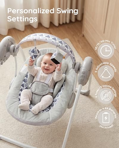 Portable Baby Swing for Infants, Adjustable Speed, Music & Timer, Easy to Fold, Indoor and Outdoor Use, Grey, 6-20 lbs